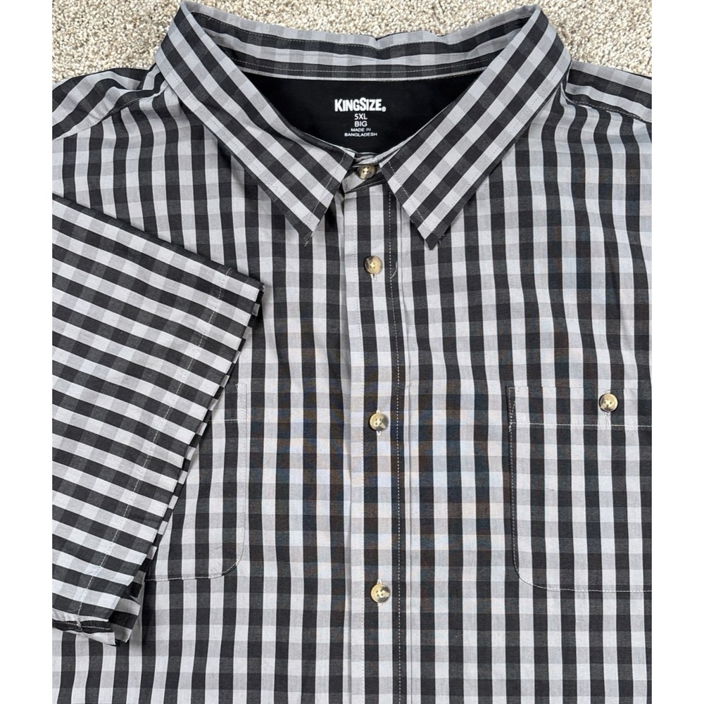 King Size 5XL Big Mens Shirt Short Sleeve Button Up Black Grey Check Pocket